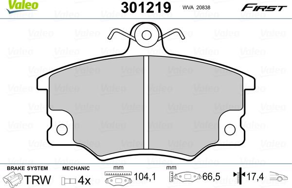 Valeo 301219 - Kit de plaquettes de frein, frein à disque cwaw.fr