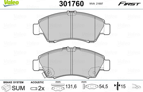 Valeo 301760 - Kit de plaquettes de frein, frein à disque cwaw.fr