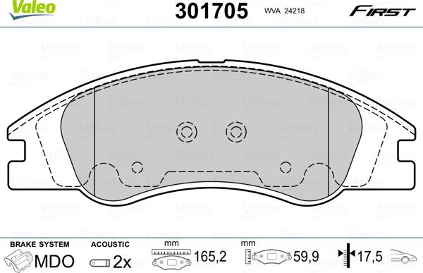 Valeo 301705 - Kit de plaquettes de frein, frein à disque cwaw.fr