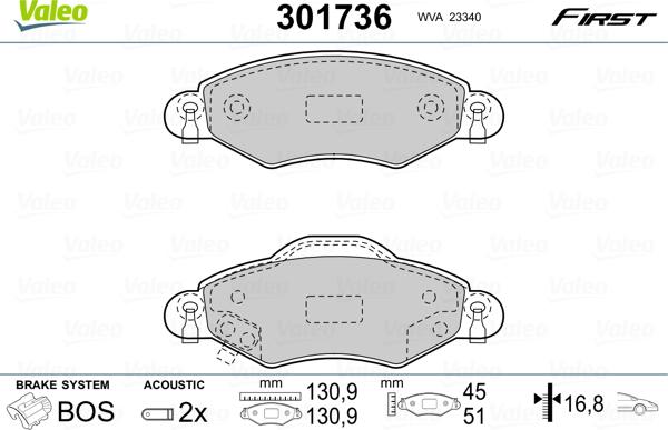 Valeo 301736 - Kit de plaquettes de frein, frein à disque cwaw.fr