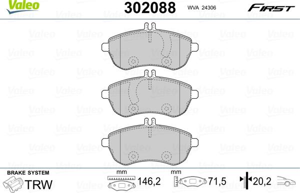 Valeo 302088 - Kit de plaquettes de frein, frein à disque cwaw.fr