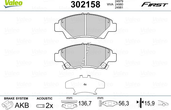 Valeo 302158 - Kit de plaquettes de frein, frein à disque cwaw.fr