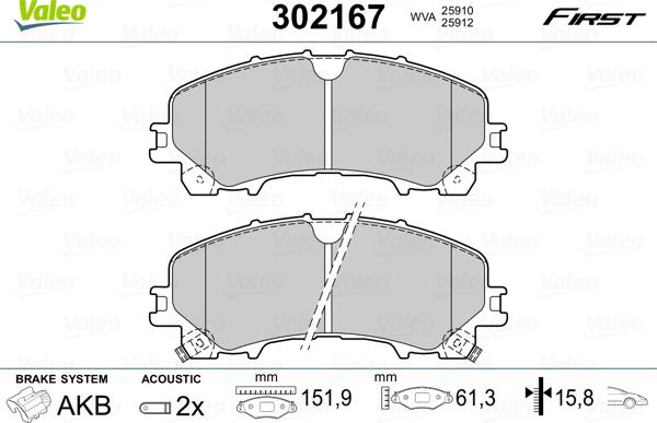 Valeo 302167 - Kit de plaquettes de frein, frein à disque cwaw.fr