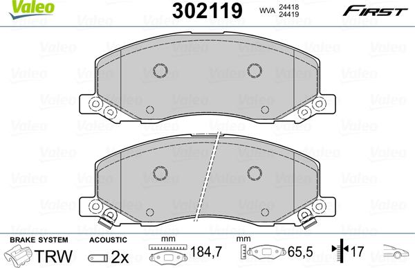 Valeo 302119 - Kit de plaquettes de frein, frein à disque cwaw.fr