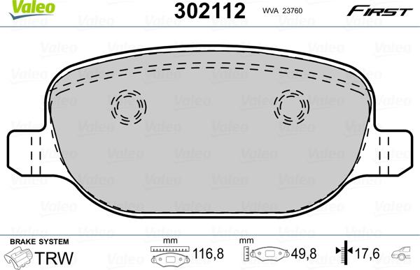 Valeo 302112 - Kit de plaquettes de frein, frein à disque cwaw.fr