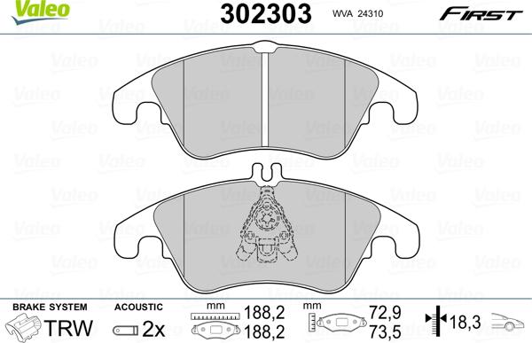 Valeo 302303 - Kit de plaquettes de frein, frein à disque cwaw.fr