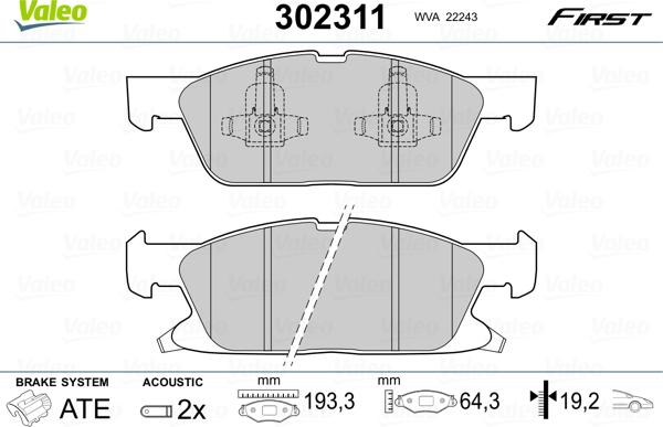 Valeo 302311 - Kit de plaquettes de frein, frein à disque cwaw.fr