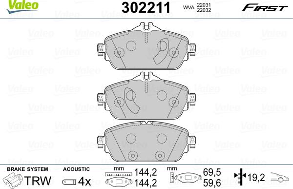 Valeo 302211 - Kit de plaquettes de frein, frein à disque cwaw.fr